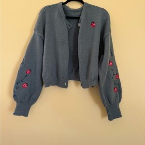 Embroidered Strawberry Cardigan Sweater - Green with Red Accents